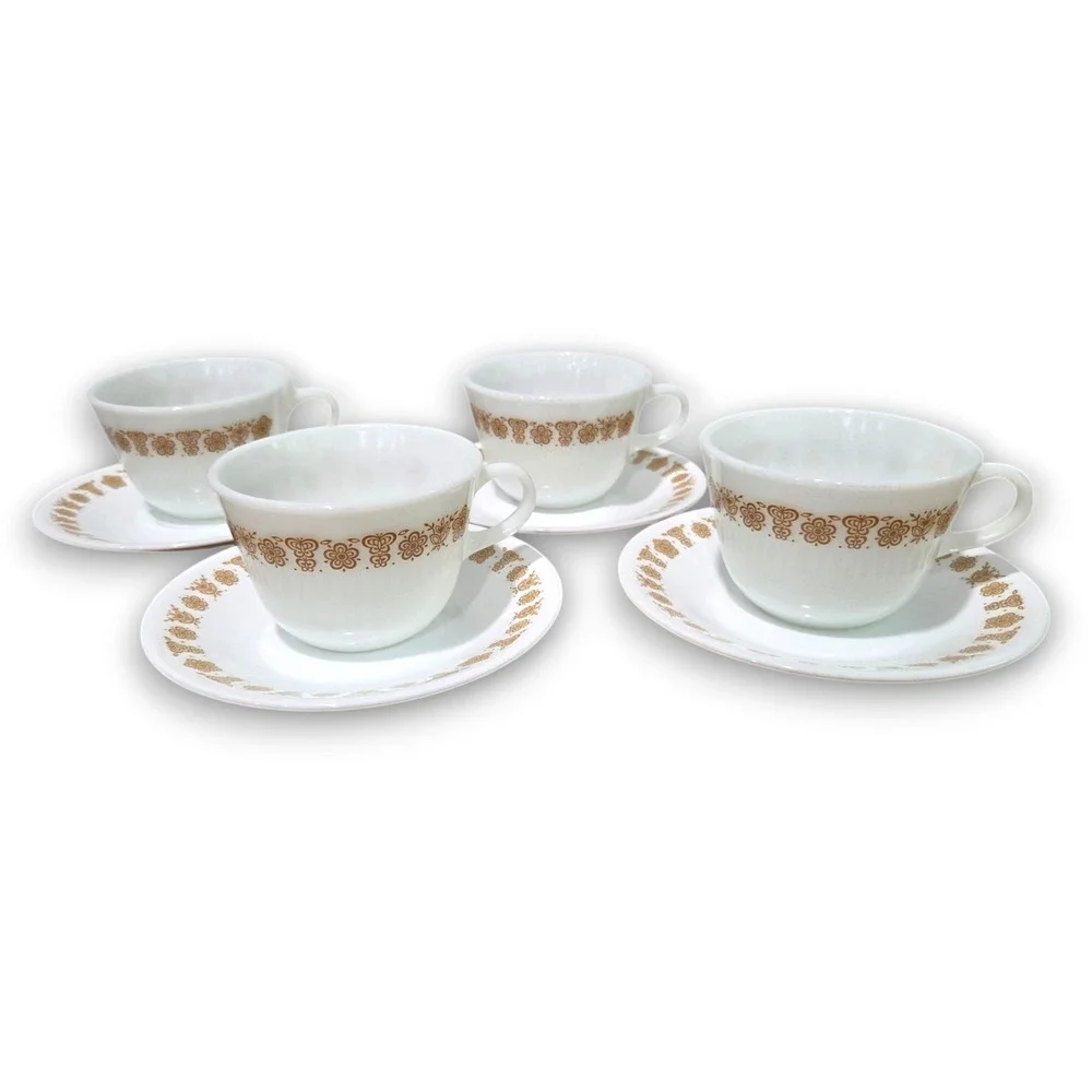 Set Of 4 Pyrex Corelle Golden Butterfly Coffee Tea Cups & Saucers